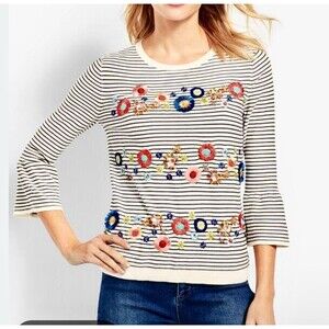 Talbots Sweater White Stripe Bell Sleeve Embellished Embroidered Floral Womens L